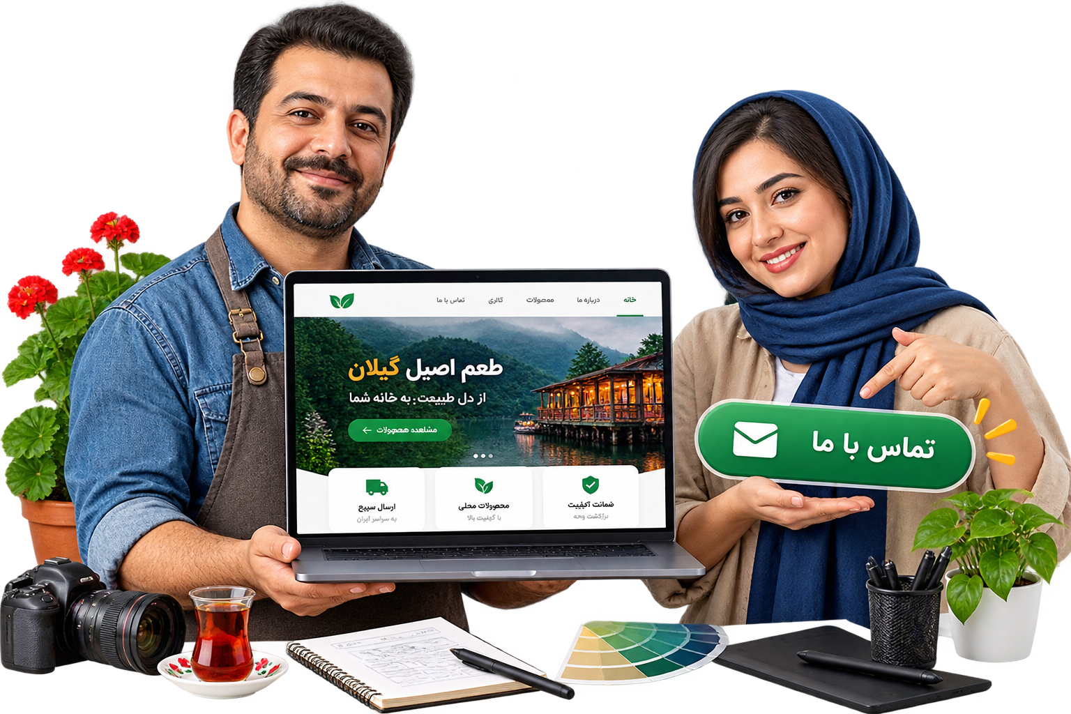 صاحب کسب‌وکار کنار وب‌سایت فارسی و مسیر تماس روشن