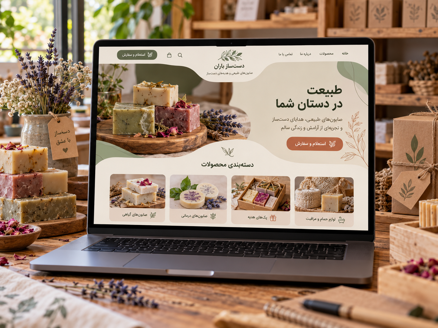 سمپل موکاپ لپ‌تاپ سایت محصولات دست‌ساز باران