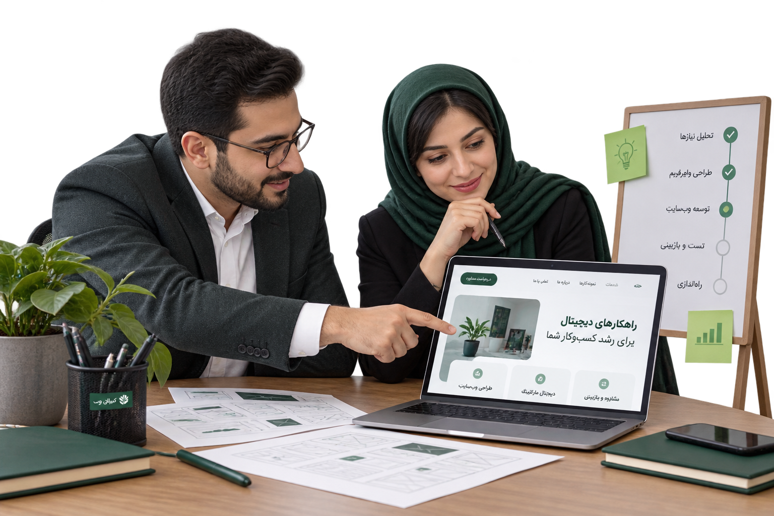 جلسه بررسی ساختار وب‌سایت میان مدیر شرکت و طراح