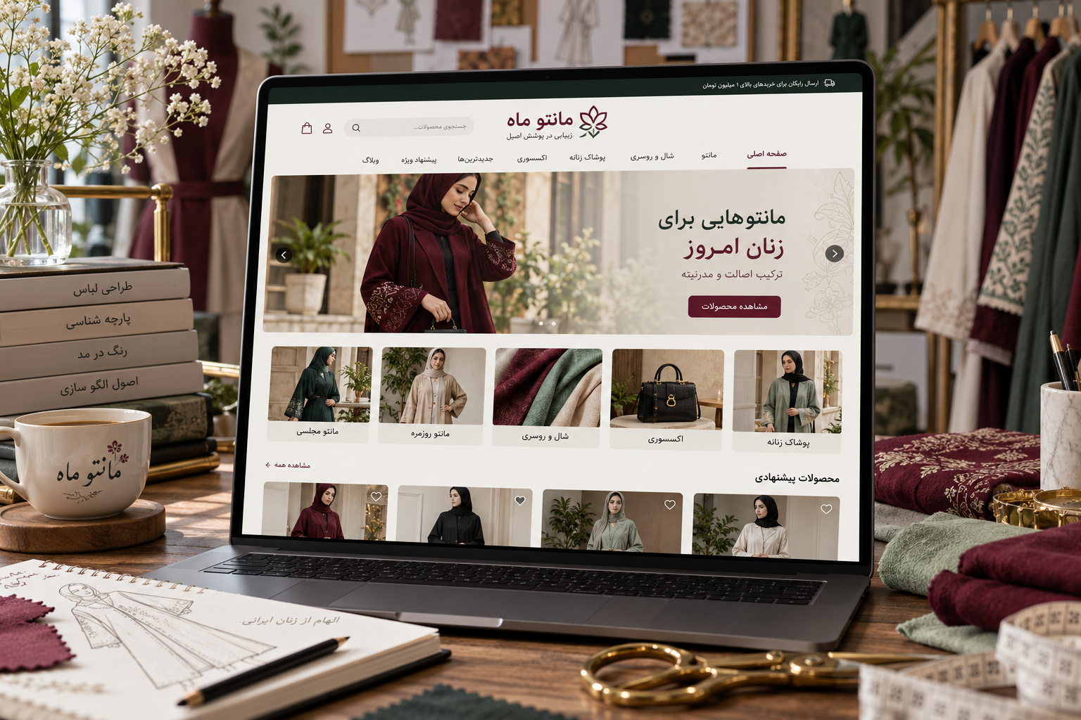 سمپل موکاپ لپ‌تاپ فارسی فروشگاه مانتو ماه