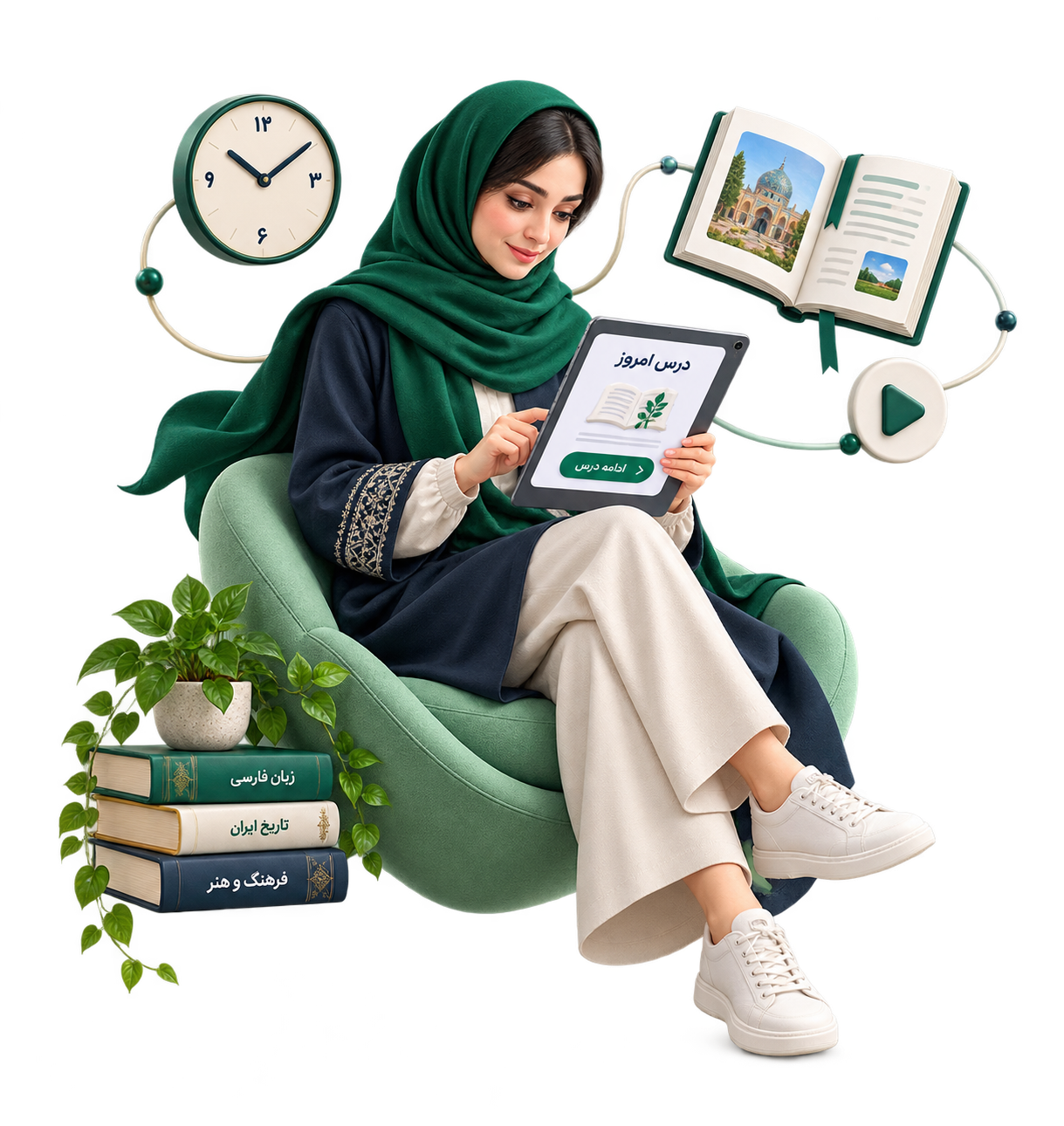 یادگیری آنلاین روی تبلت در زمان دلخواه، همراه با کتاب و ساعت
