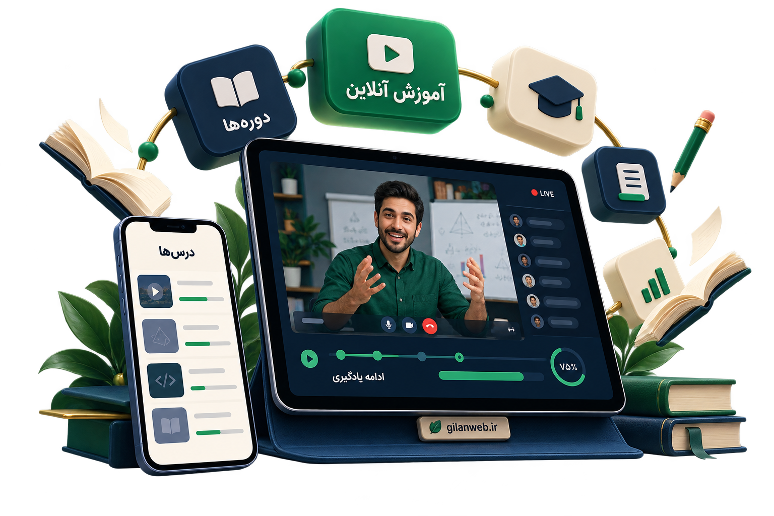 موکاپ فارسی کلاس آنلاین و فهرست درس‌ها برای طراحی سایت آموزشی گیلان‌وب