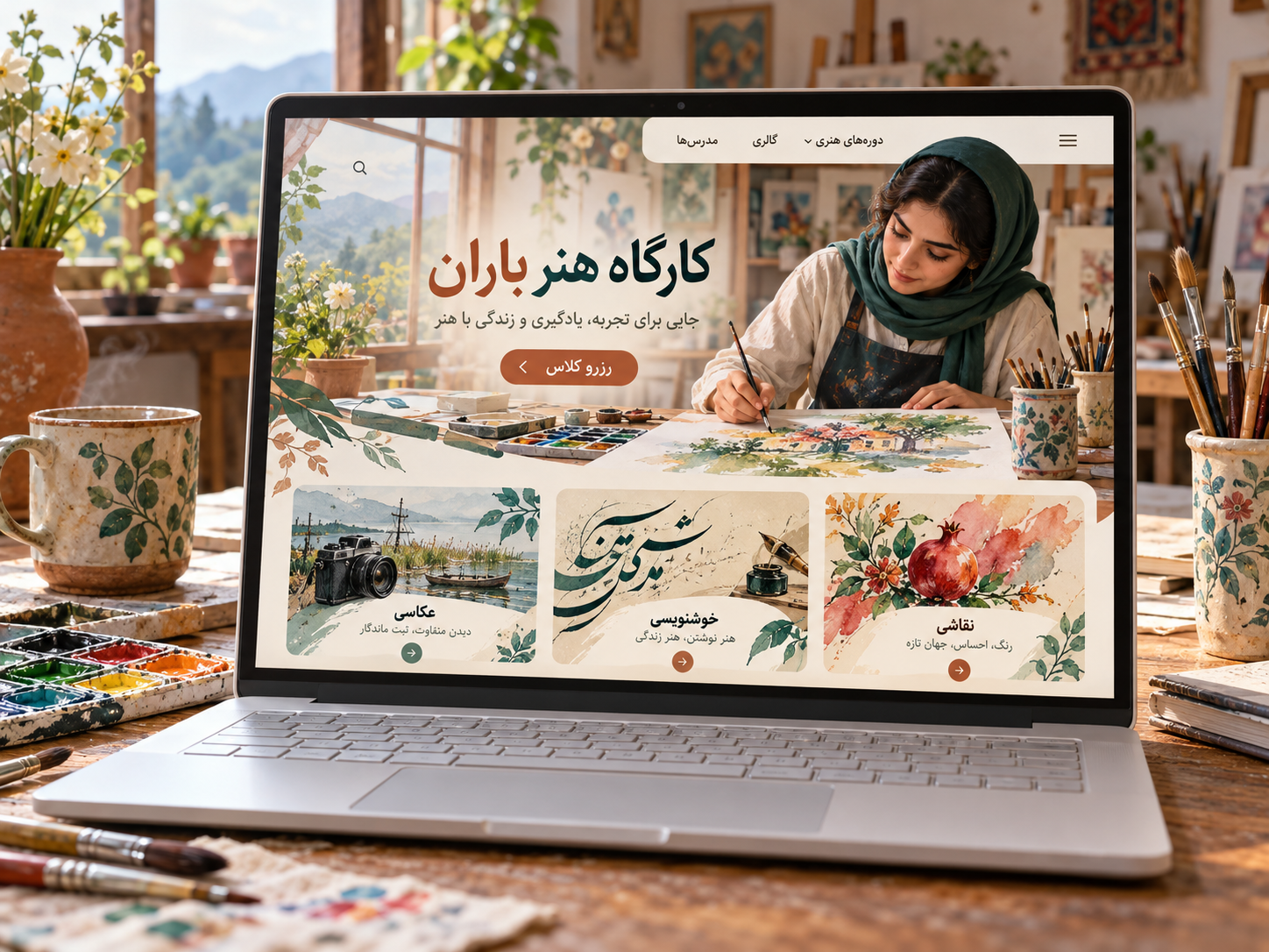 سمپل موکاپ لپ‌تاپ طراحی سایت فارسی کارگاه هنر باران