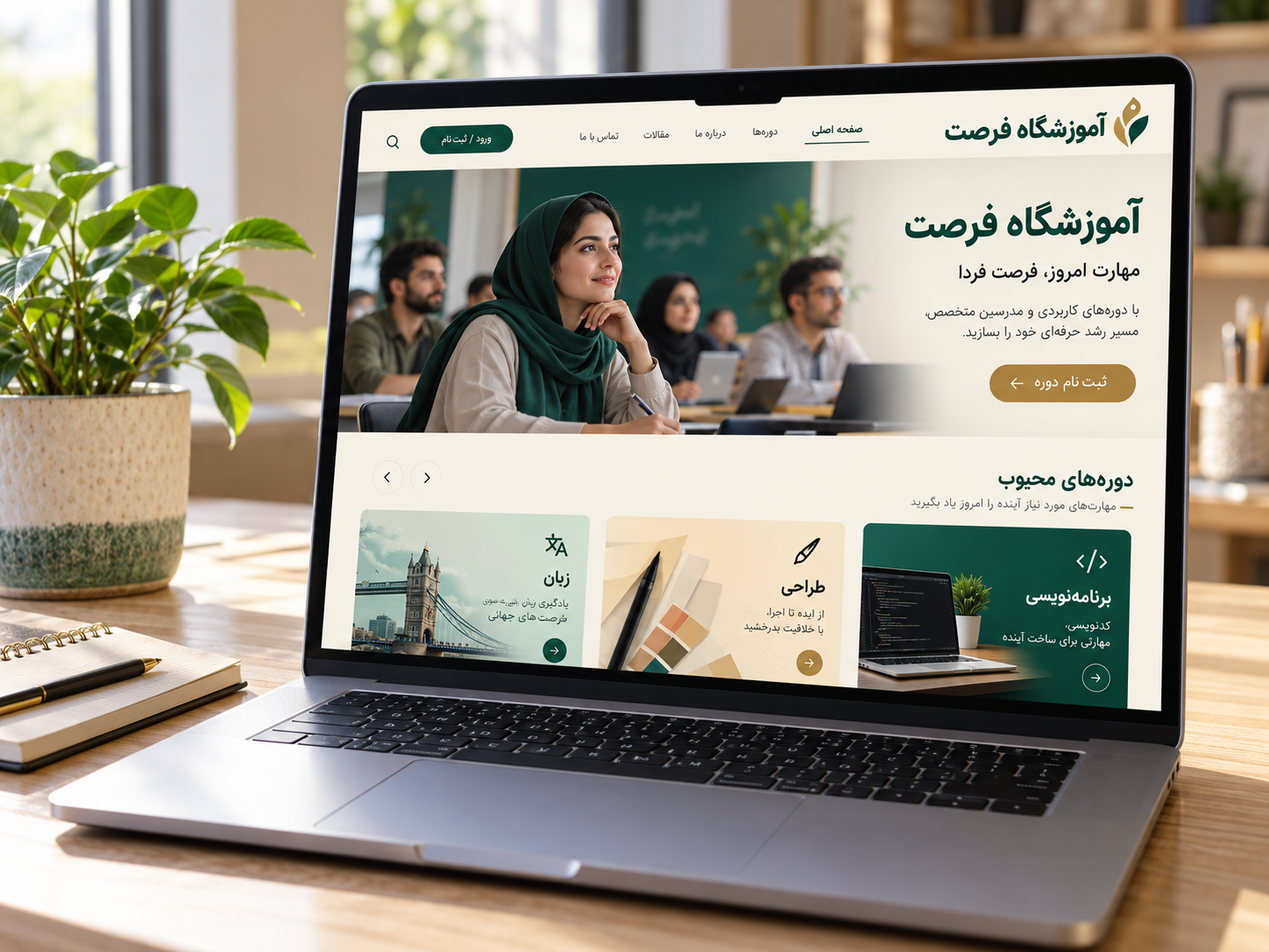 سمپل موکاپ لپ‌تاپ طراحی سایت فارسی آموزشگاه فرصت