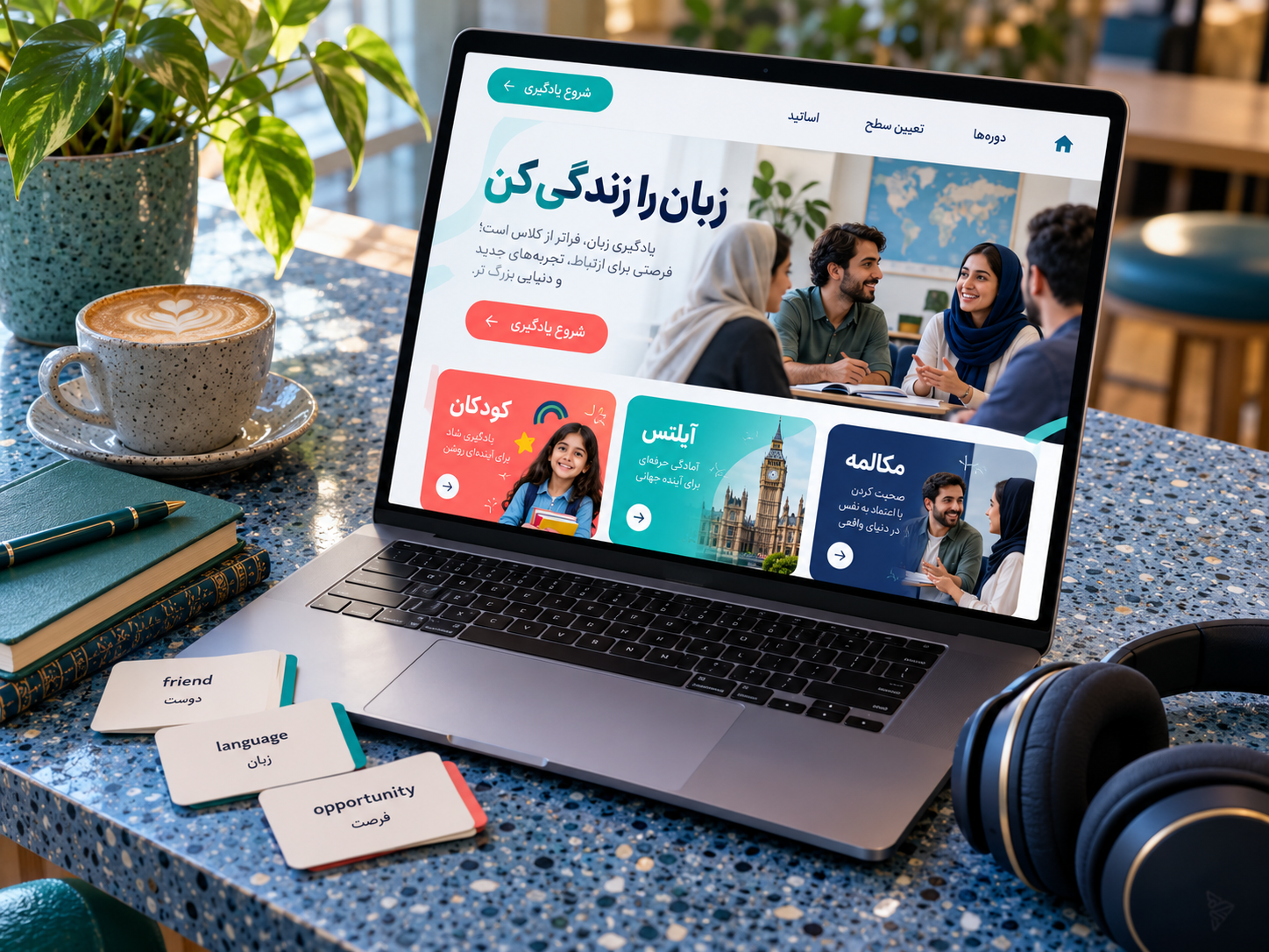 سمپل موکاپ لپ‌تاپ طراحی سایت فارسی آموزشگاه زبان سپهر