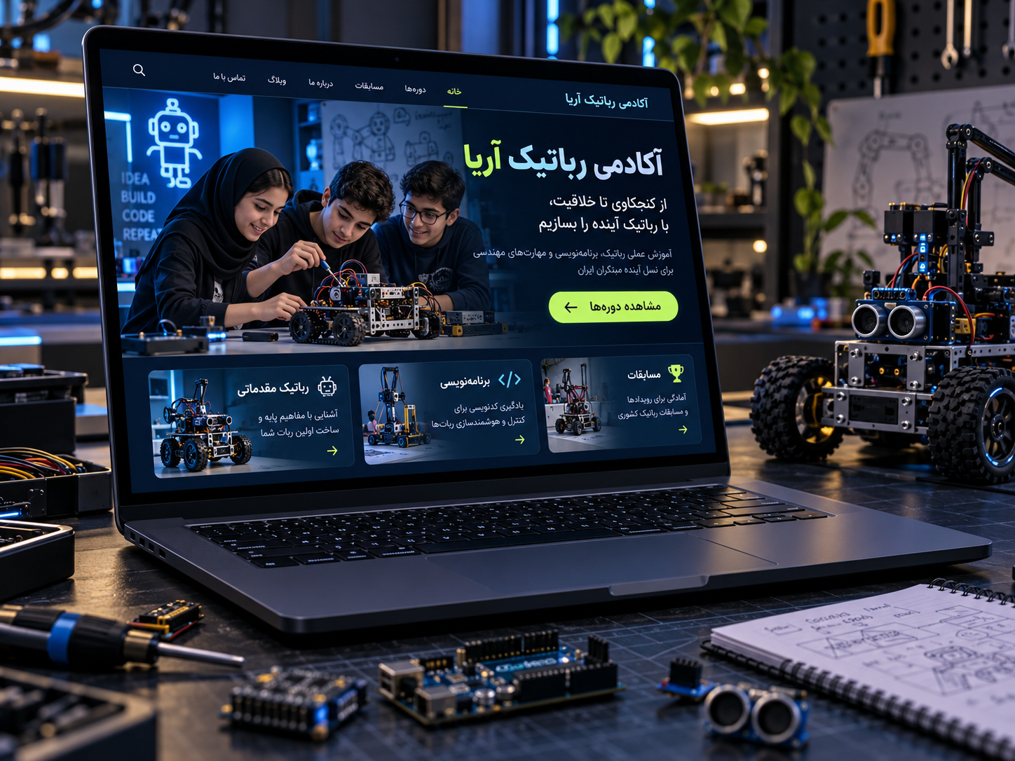 سمپل موکاپ لپ‌تاپ طراحی سایت فارسی آکادمی رباتیک آریا