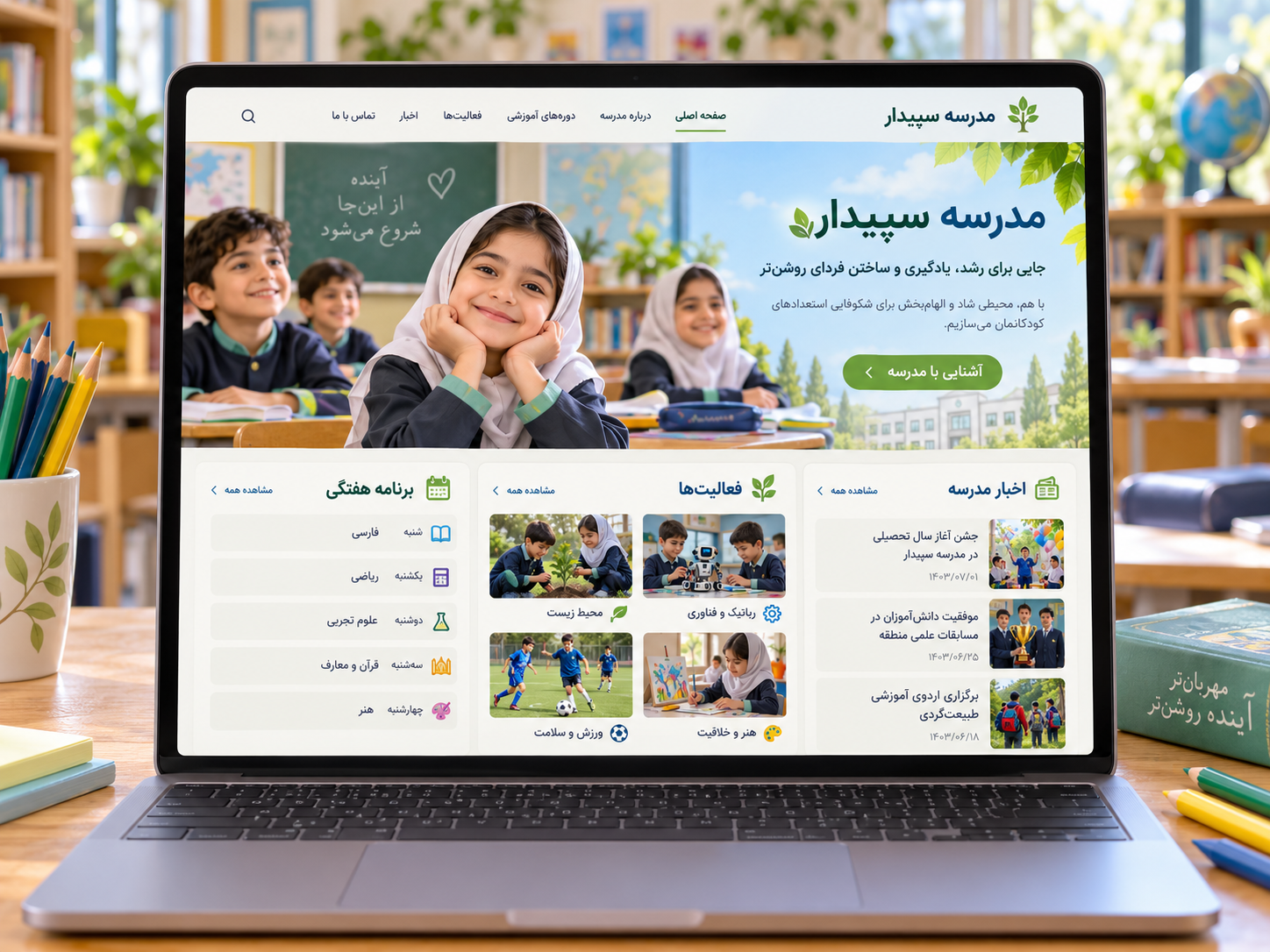 سمپل موکاپ لپ‌تاپ طراحی سایت فارسی مدرسه سپیدار