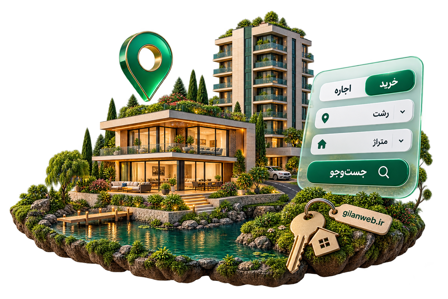 موکاپ فارسی جست‌وجوی ملک در رشت کنار ویلای گیلانی و کلید