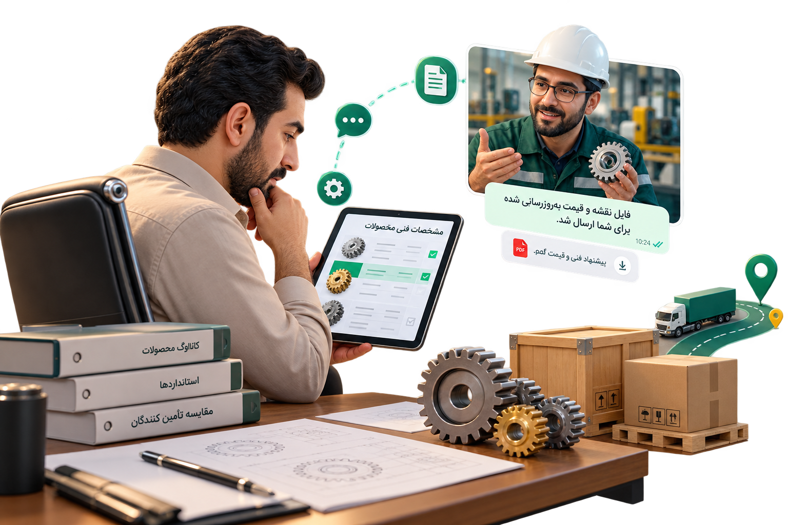 کارشناس خرید و مهندس فروش در مسیر بررسی مشخصات محصول و درخواست قیمت