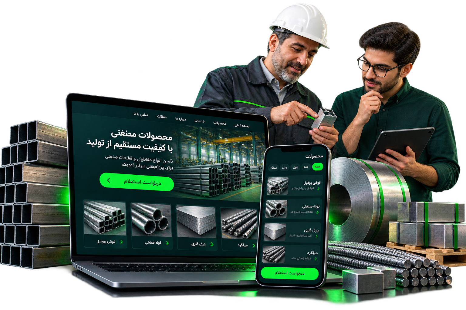 موکاپ فارسی سایت کارخانه و تیم آماده گفت‌وگو درباره پروژه طراحی