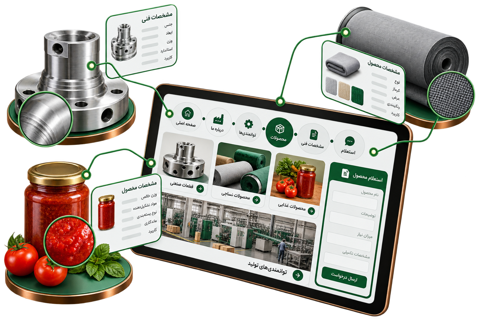 نمونه محصولات صنعتی و ساختار کاتالوگ دیجیتال کارخانه روی تبلت فارسی