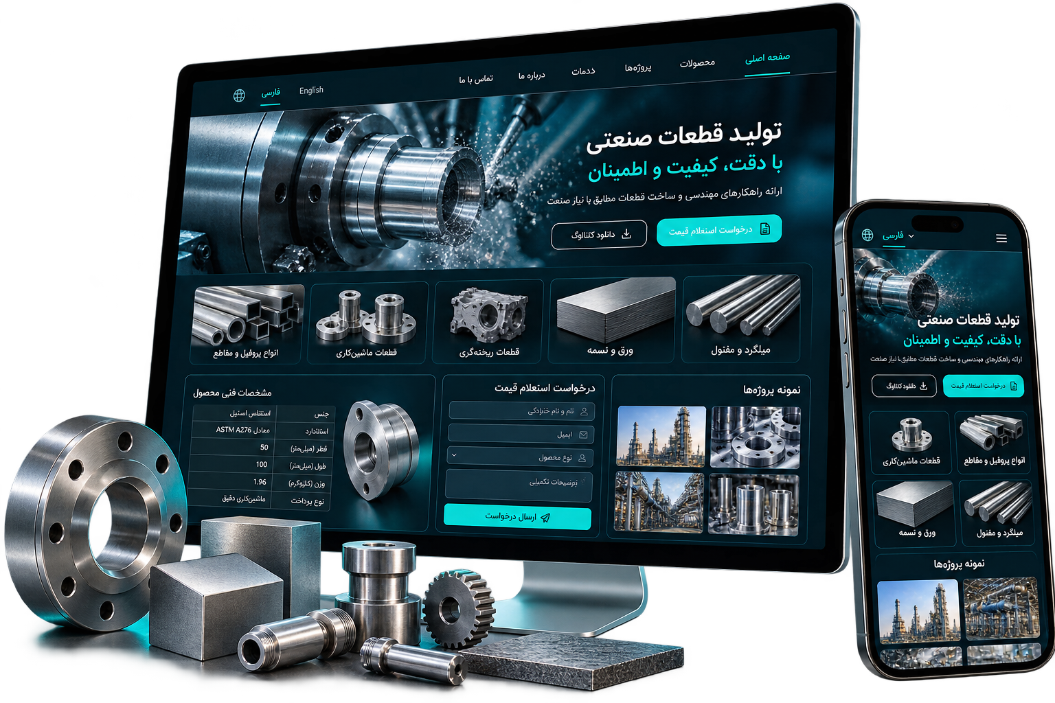 رابط فارسی وب‌سایت تولیدی روی مانیتور و موبایل با کاتالوگ و فرم استعلام