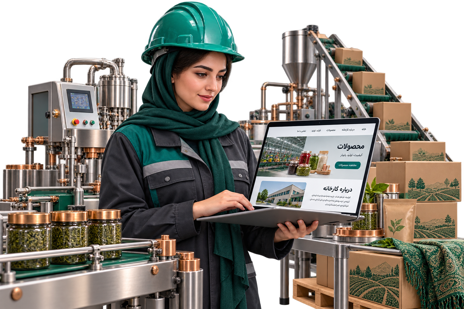 موکاپ فارسی سایت کارخانه روی لپ‌تاپ کنار مدیر تولید و تجهیزات خط ساخت