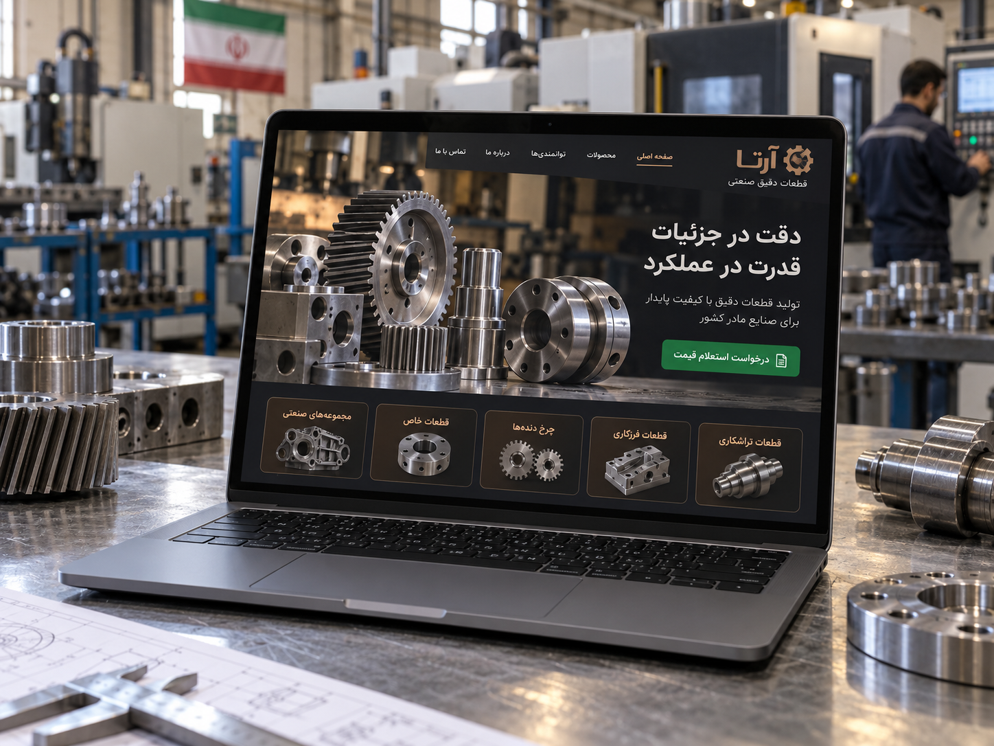 سمپل موکاپ لپ‌تاپ وب‌سایت فارسی کارخانه قطعات فلزی آرتا