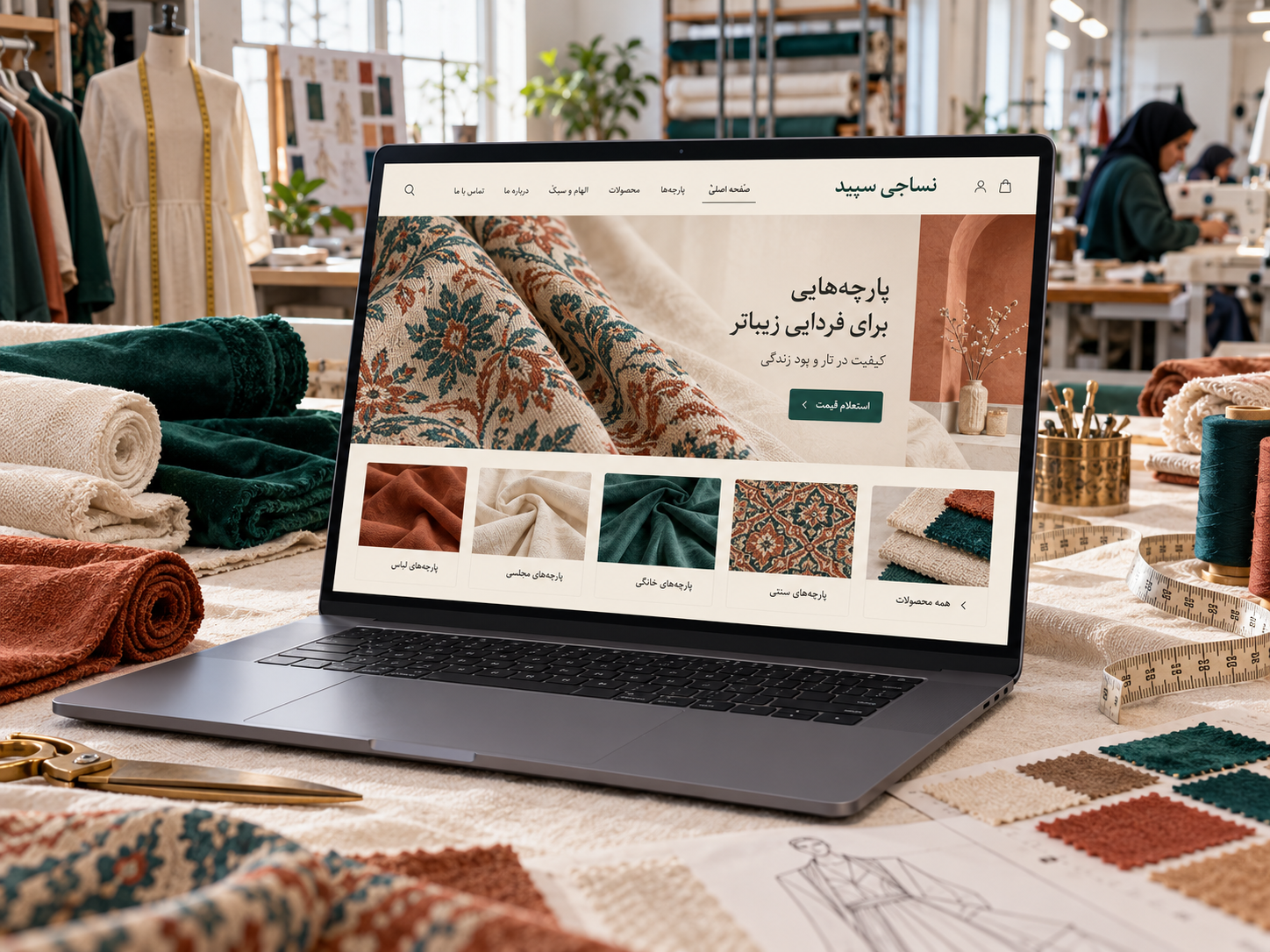 سمپل موکاپ لپ‌تاپ وب‌سایت فارسی تولیدی پارچه و پوشاک سپید
