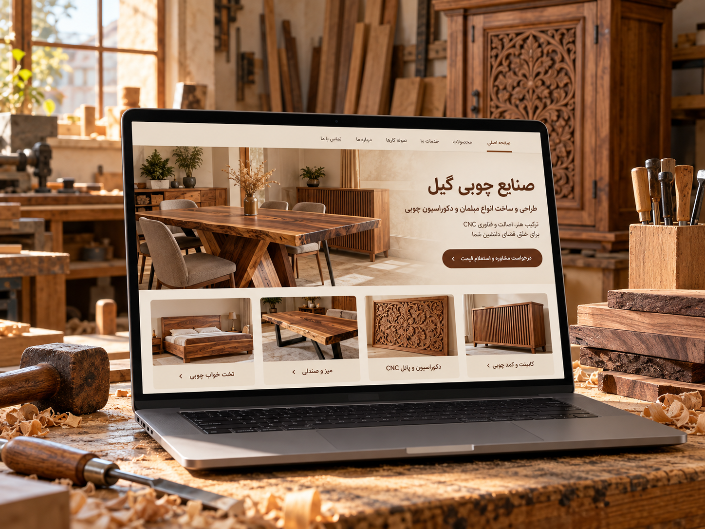 سمپل موکاپ لپ‌تاپ وب‌سایت فارسی کارگاه صنایع چوبی گیل