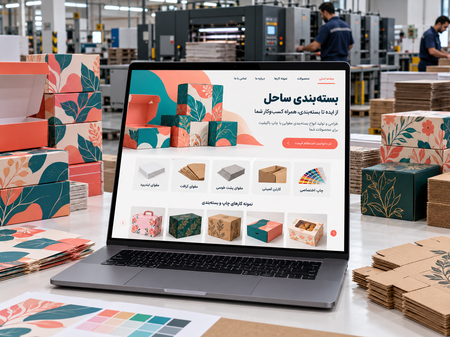 سمپل موکاپ لپ‌تاپ وب‌سایت فارسی مجموعه بسته‌بندی و چاپ ساحل