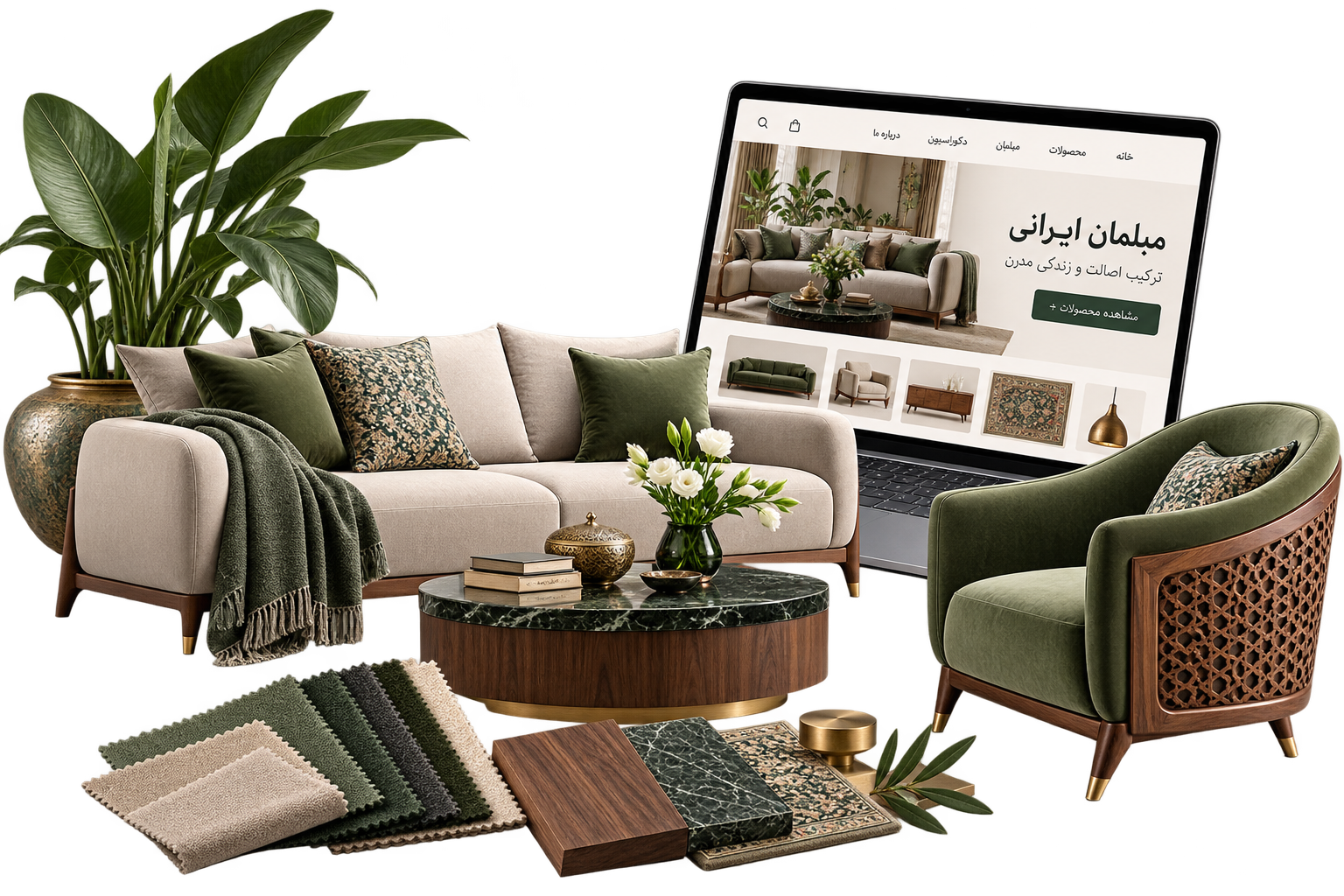 موکاپ فارسی کاتالوگ مبل و دکوراسیون کنار مبلمان و نمونه پارچه