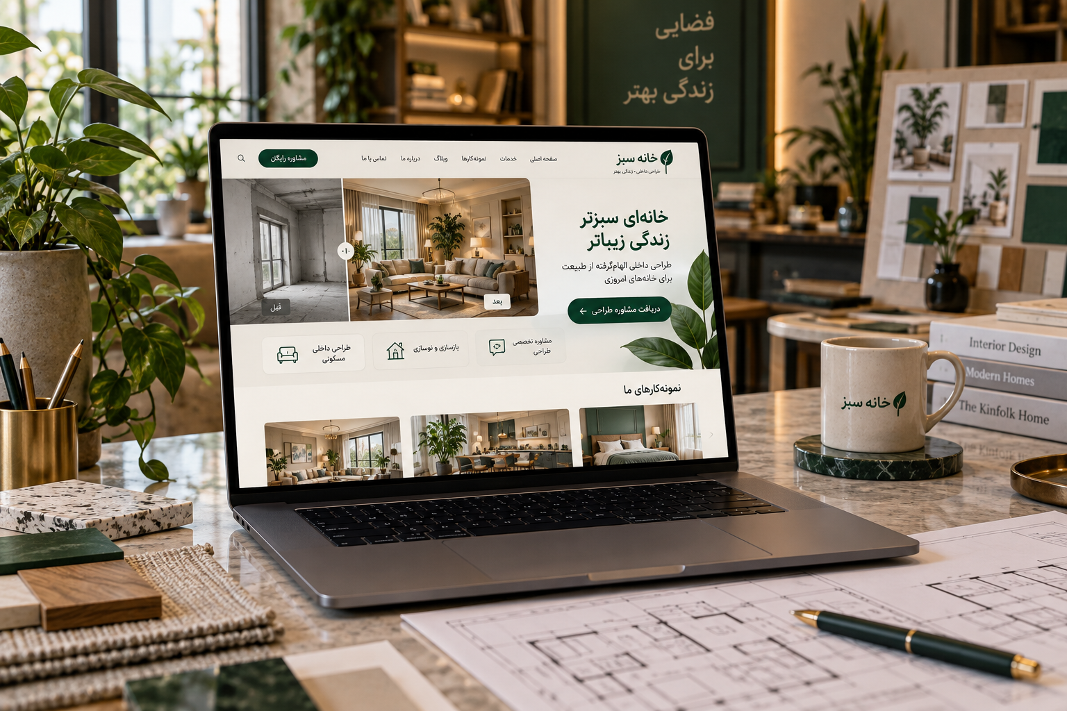 سمپل موکاپ لپ‌تاپ سایت دکوراسیون داخلی خانه سبز