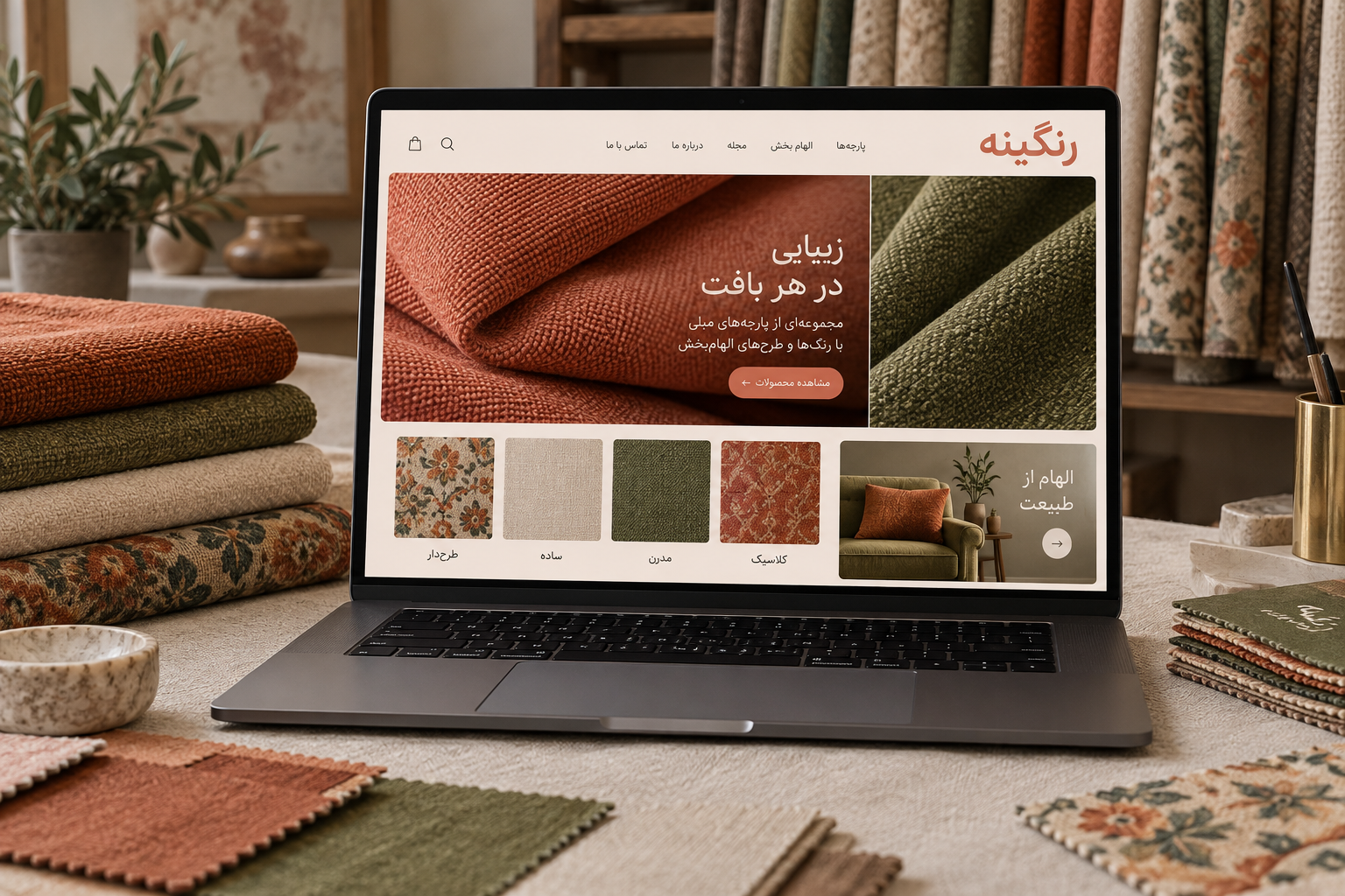 سمپل موکاپ لپ‌تاپ سایت پارچه مبلی رنگینه