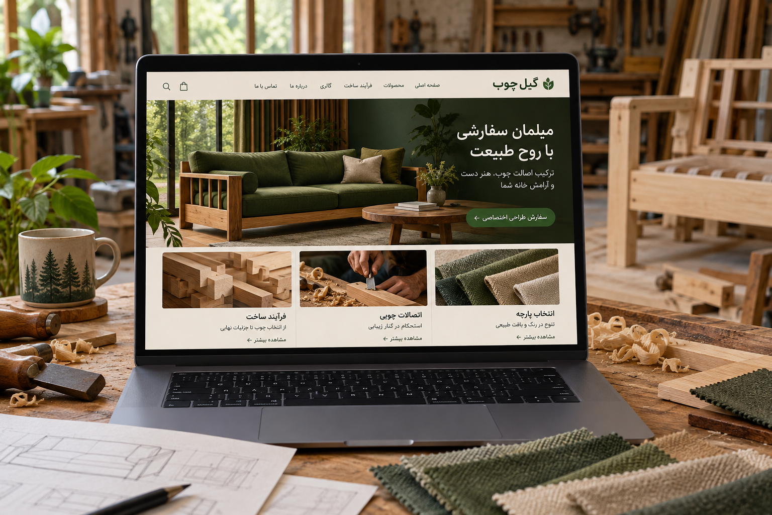 سمپل موکاپ لپ‌تاپ سایت مبل سفارشی گیل چوب