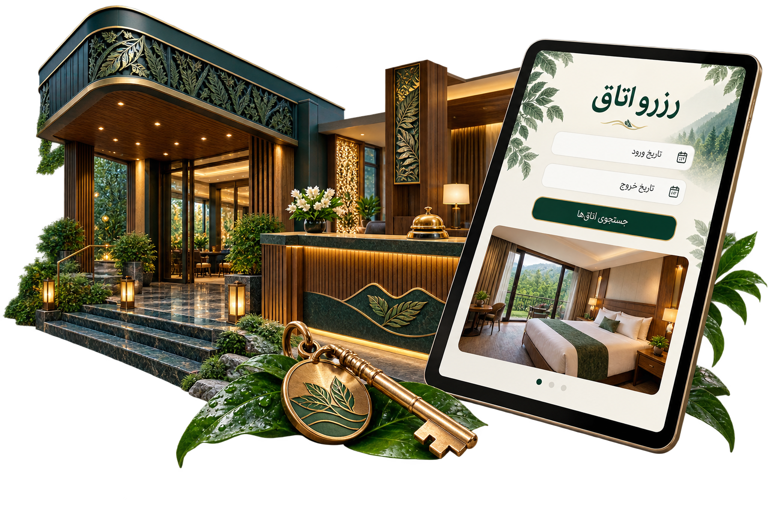 نمای شفاف پذیرش هتل مدرن گیلان و رابط فارسی رزرو اتاق