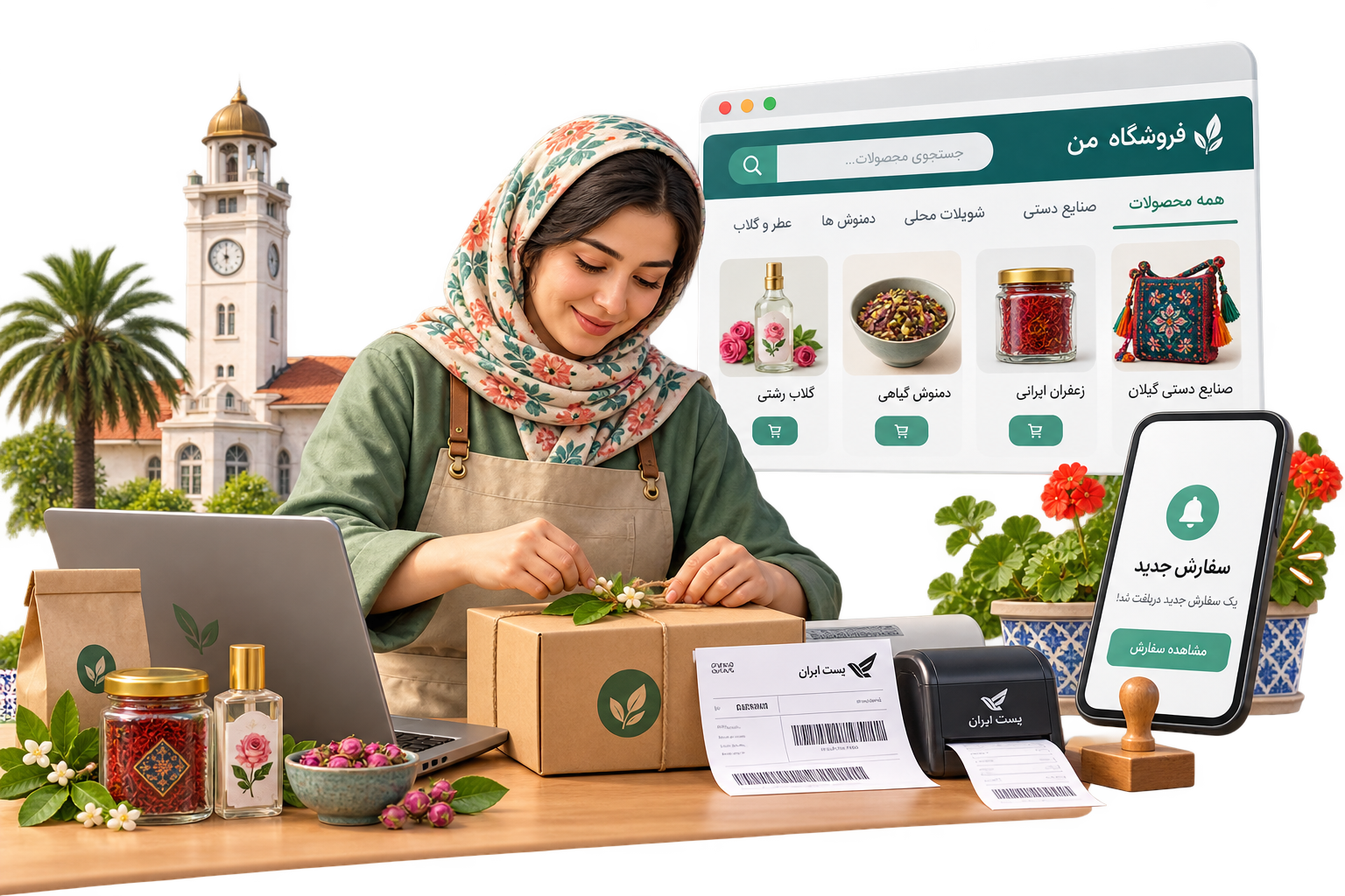 فروشنده اینستاگرامی در حال بسته‌بندی سفارش و بررسی سایت مستقل