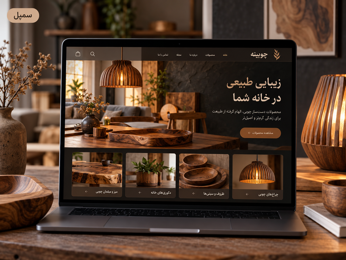 سمپل موکاپ لپ‌تاپ سایت فارسی فروش دکور خانه چوبینه