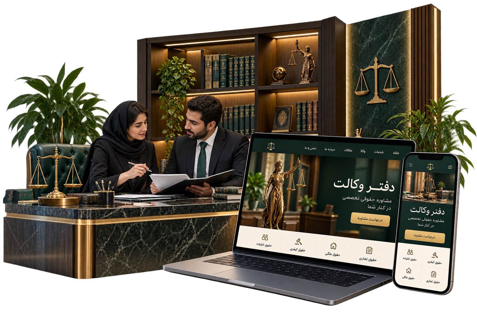 دفتر وکالت مدرن و تلفن همراه با رابط فارسی درخواست مشاوره