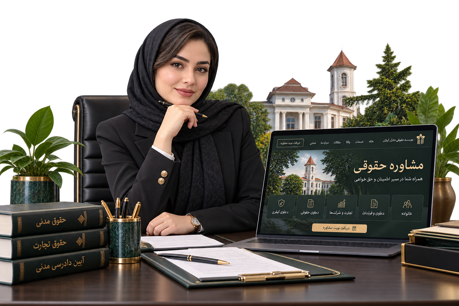 وکیل ایرانی در دفتر رشت کنار موکاپ فارسی سایت حقوقی و فرم مشاوره