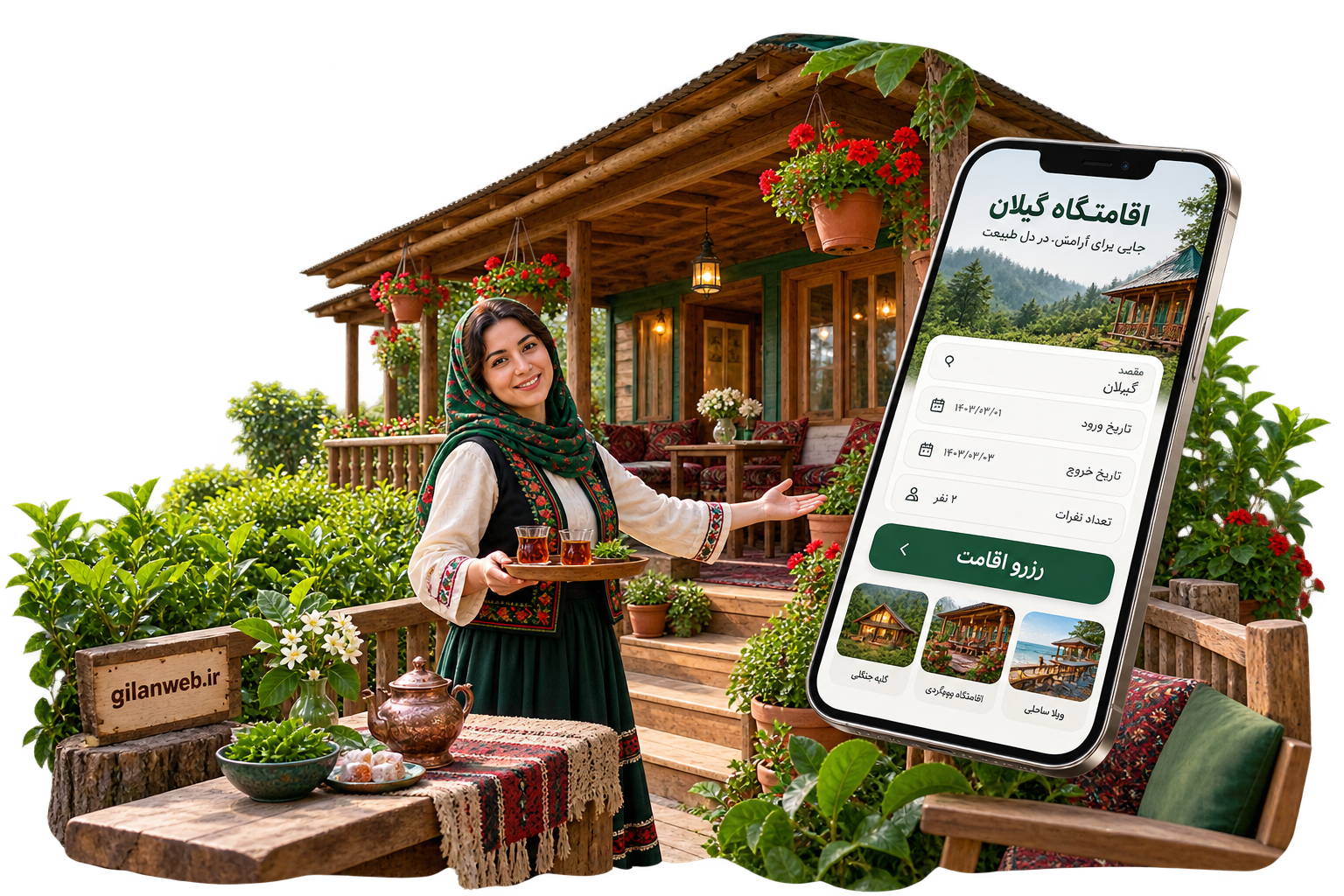 تصویر شفاف اقامتگاه بوم‌گردی گیلان و رابط فارسی رزرو روی تلفن همراه
