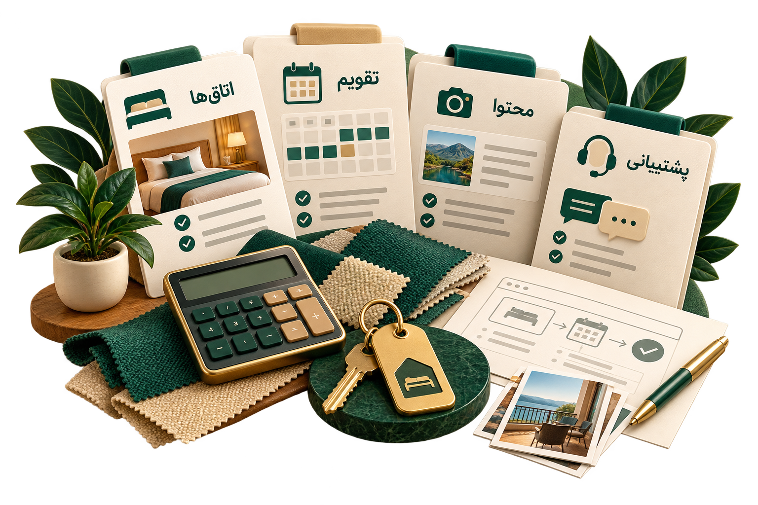 برگه‌های امکانات، تقویم، محتوا و پشتیبانی برای برآورد طراحی سایت اقامتگاه
