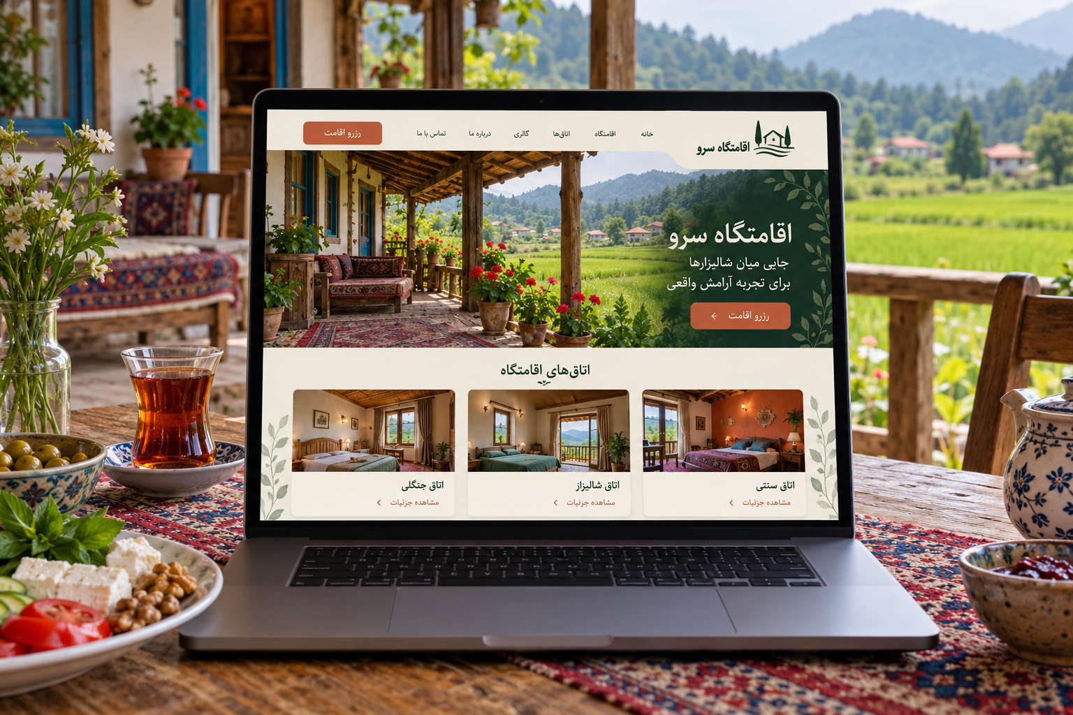 سمپل موکاپ لپ‌تاپ سایت فارسی اقامتگاه بوم‌گردی سرو در شالیزار گیلان