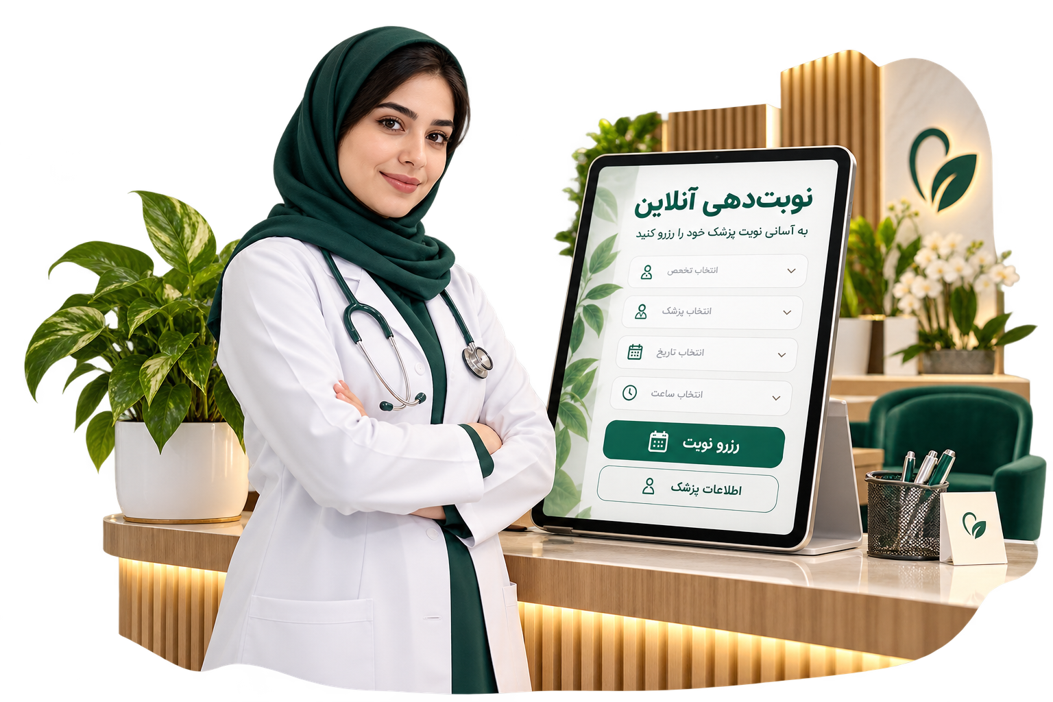 تصویر شفاف پزشک و پذیرش مطب کنار رابط فارسی نوبت‌گیری روی تبلت