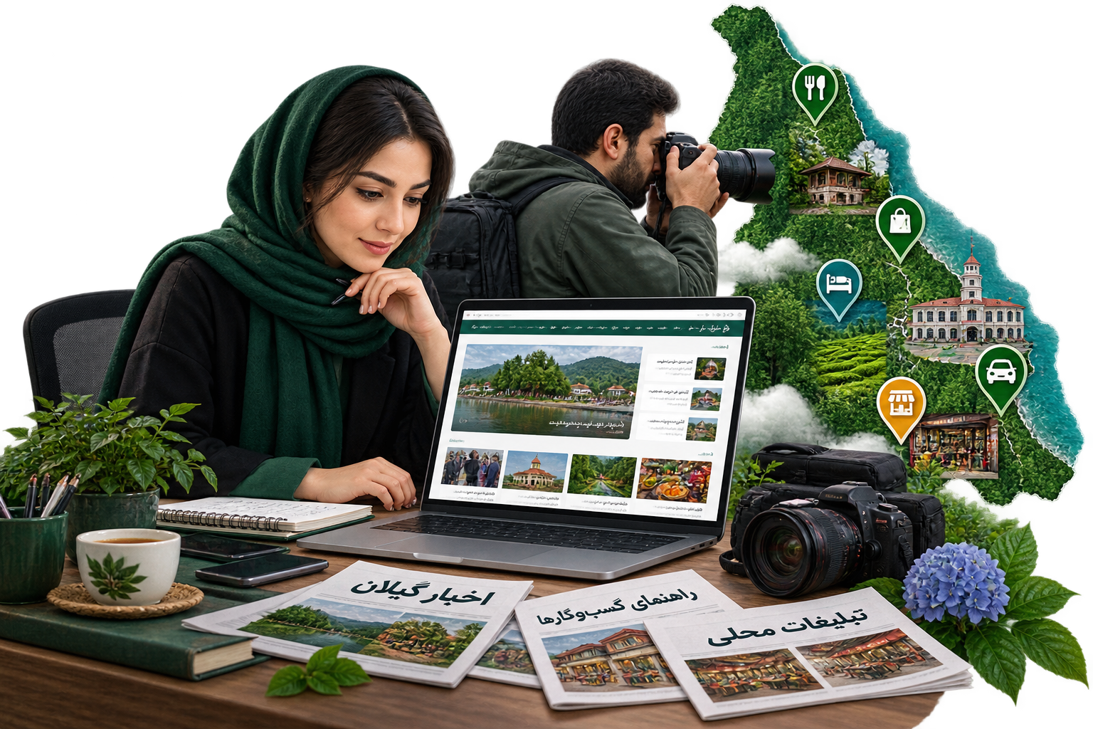 موکاپ فارسی رسانه محلی، فهرست کسب‌وکارها و نقشه گیلان کنار تیم تحریریه
