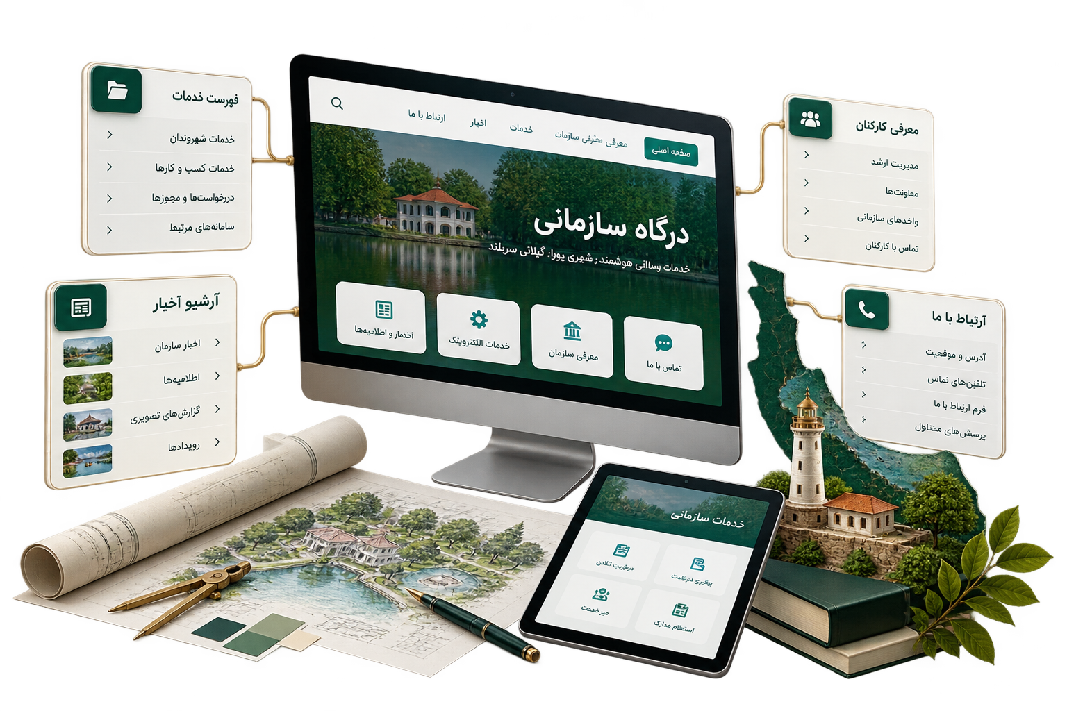 نقشه ساختار سایت سازمانی شامل خدمات، اخبار، واحدها و راه ارتباط
