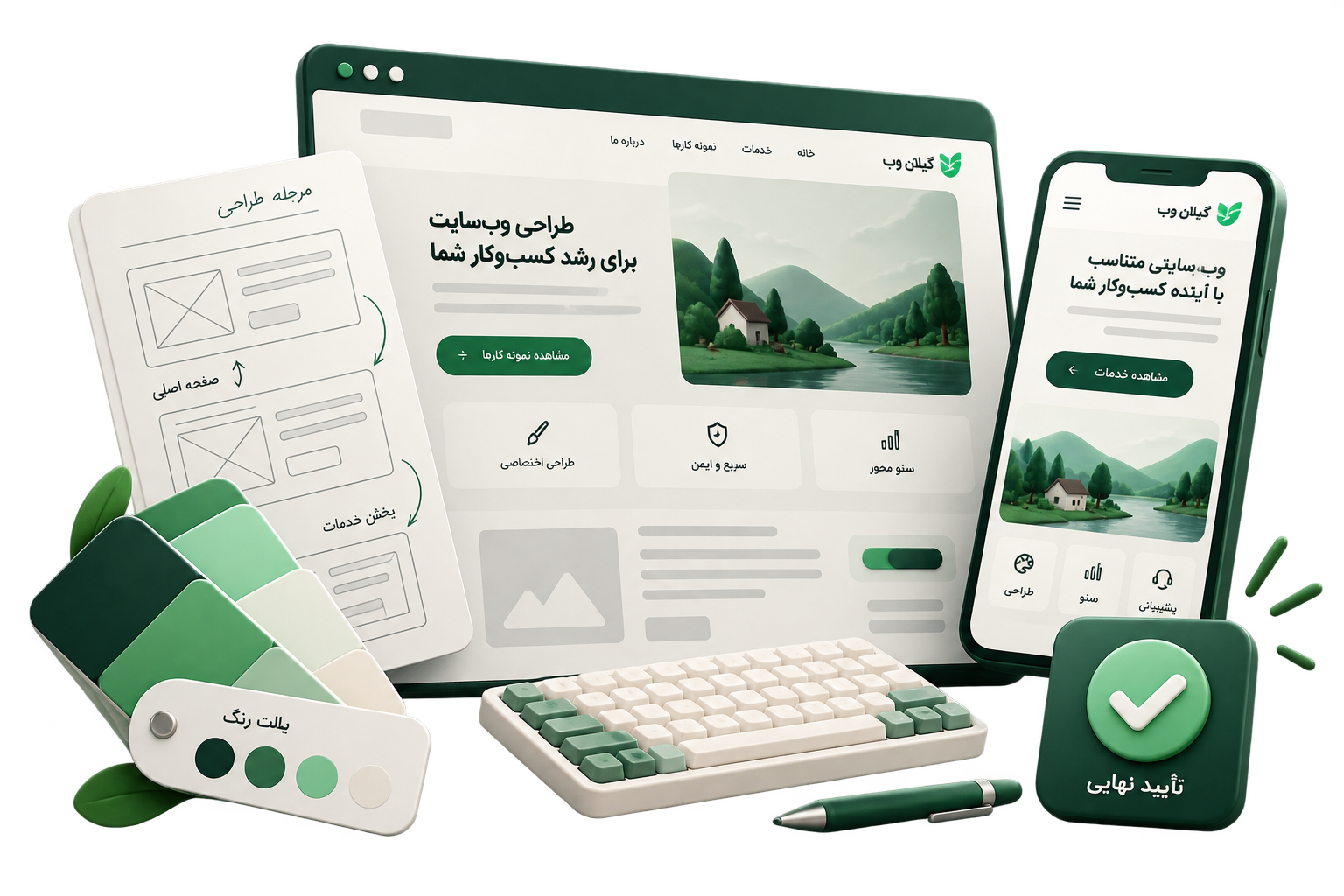 اجزای طراحی سایت فارسی از وایرفریم تا نمایش موبایل و تأیید نهایی