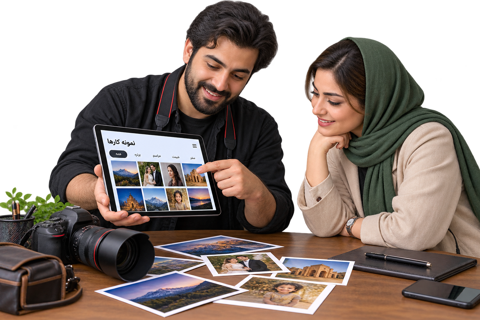 عکاس مستقل در حال نمایش نمونه‌کارهای خود به مشتری