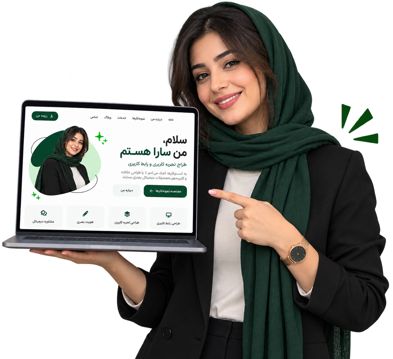 صاحب حرفه در کنار موکاپ فارسی سایت نمونه‌کار آماده انتشار