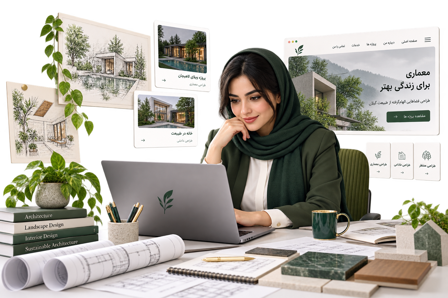 موکاپ فارسی سایت شخصی کنار طراح و نمونه پروژه‌های معماری