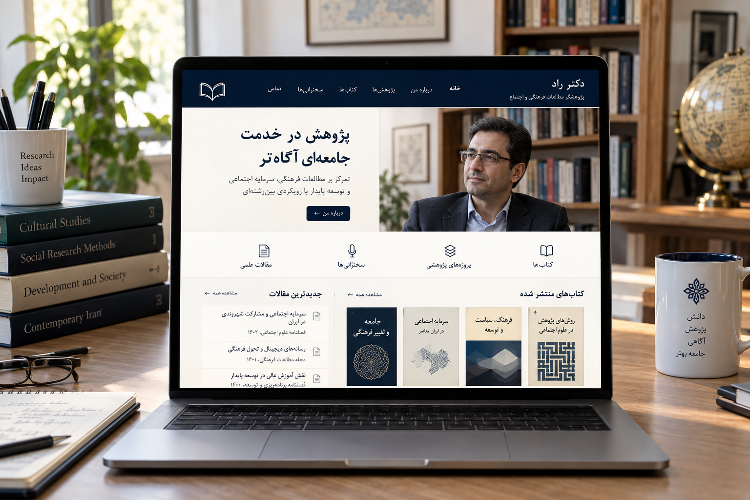 سمپل موکاپ لپ‌تاپ سایت رزومه و پژوهش دکتر راد