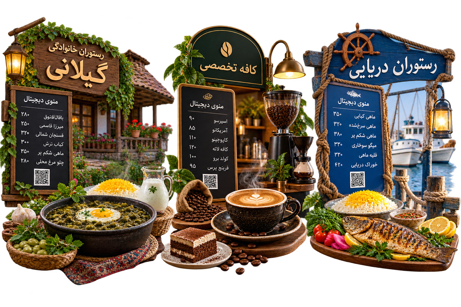 رستوران غذای گیلانی، کافه تخصصی و رستوران دریایی با منوی فارسی