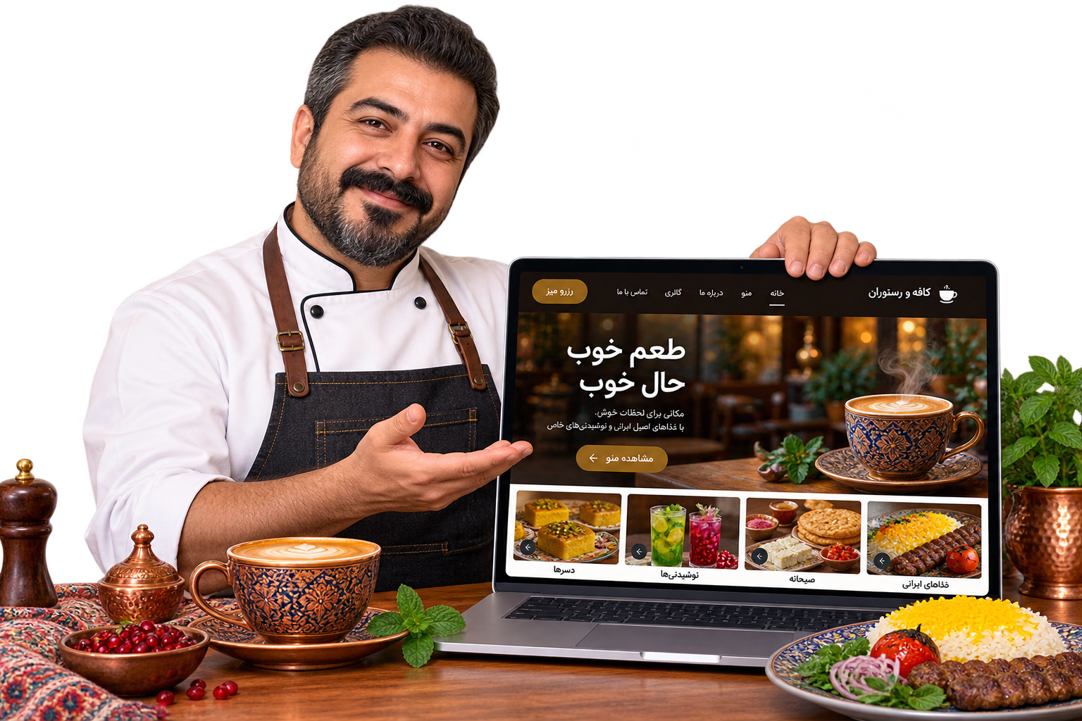 آشپز و مدیر کافه کنار موکاپ فارسی سایت رستوران و کافه