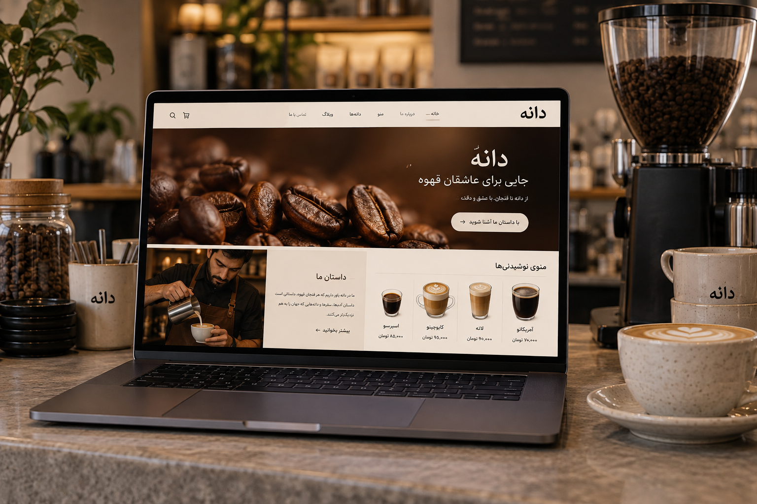 سمپل موکاپ لپ‌تاپ سایت کافه تخصصی دانه