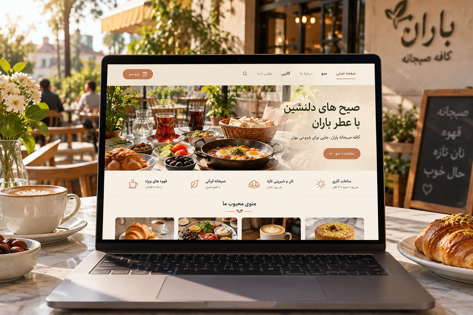 سمپل موکاپ لپ‌تاپ سایت کافه صبحانه باران