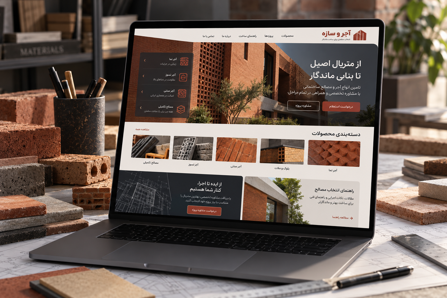 سمپل موکاپ لپ‌تاپ فارسی کاتالوگ آجر و سازه