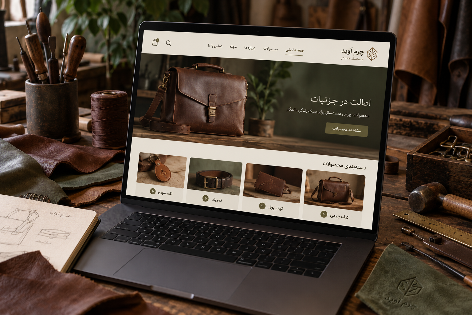 سمپل موکاپ لپ‌تاپ فارسی فروشگاه چرم آوید
