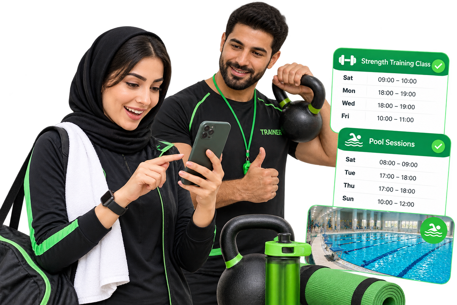 ورزشکار در حال بررسی کلاس بدنسازی و زمان استخر با موبایل