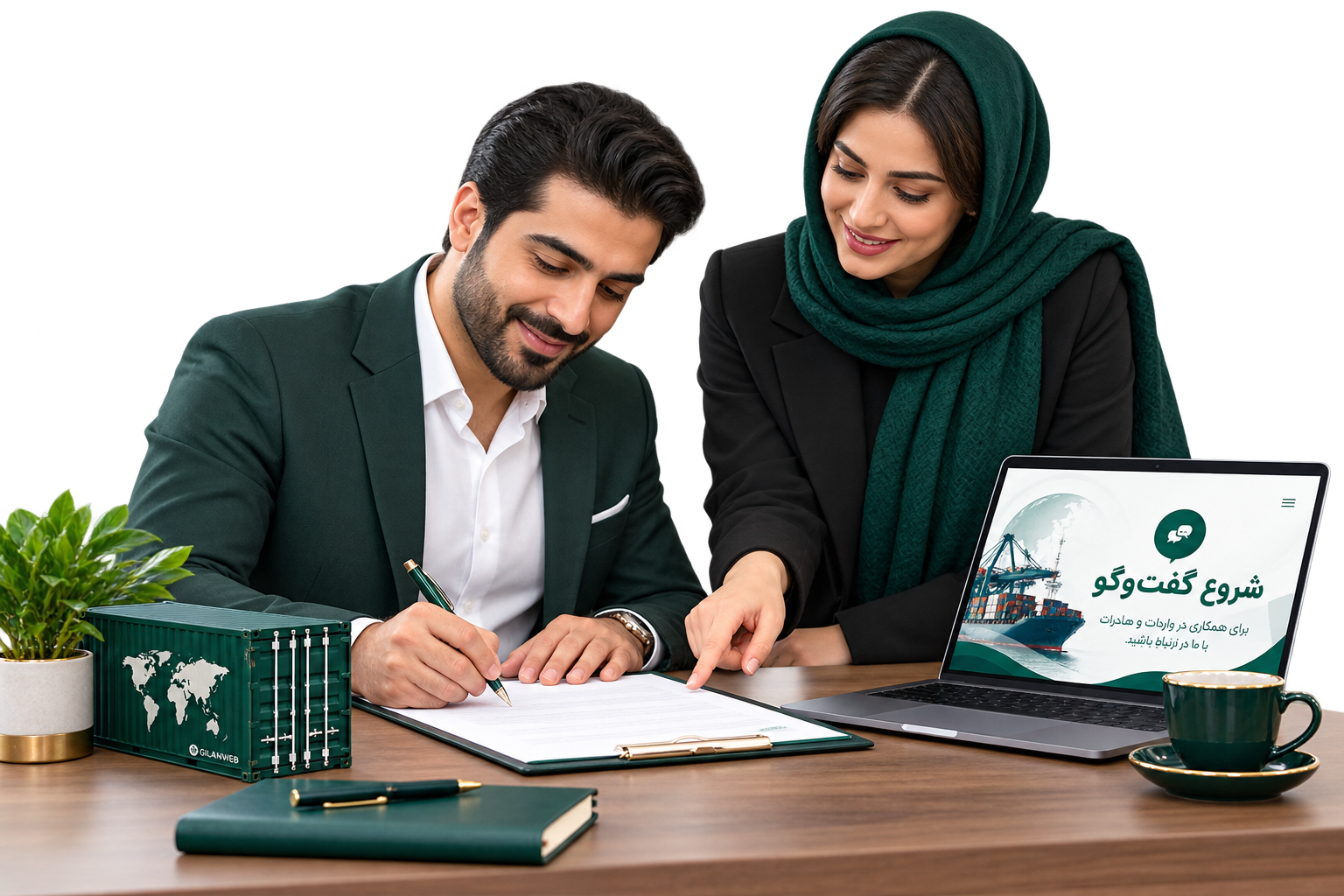 گفت‌وگوی حرفه‌ای تیم بازرگانی کنار صفحه تماس فارسی
