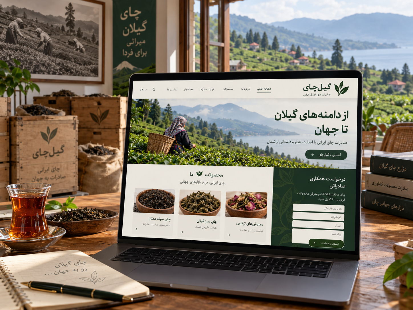 سمپل موکاپ لپ‌تاپ سایت بازرگانی چای گیل‌چای